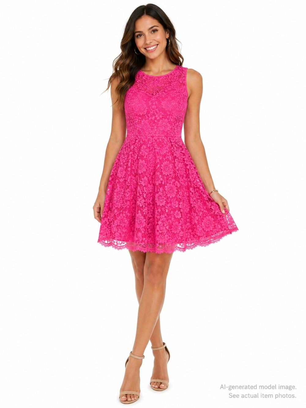 358. Kensie Hot Pink Floral Lace Sleeveless Fit & Flare Dress Size Small